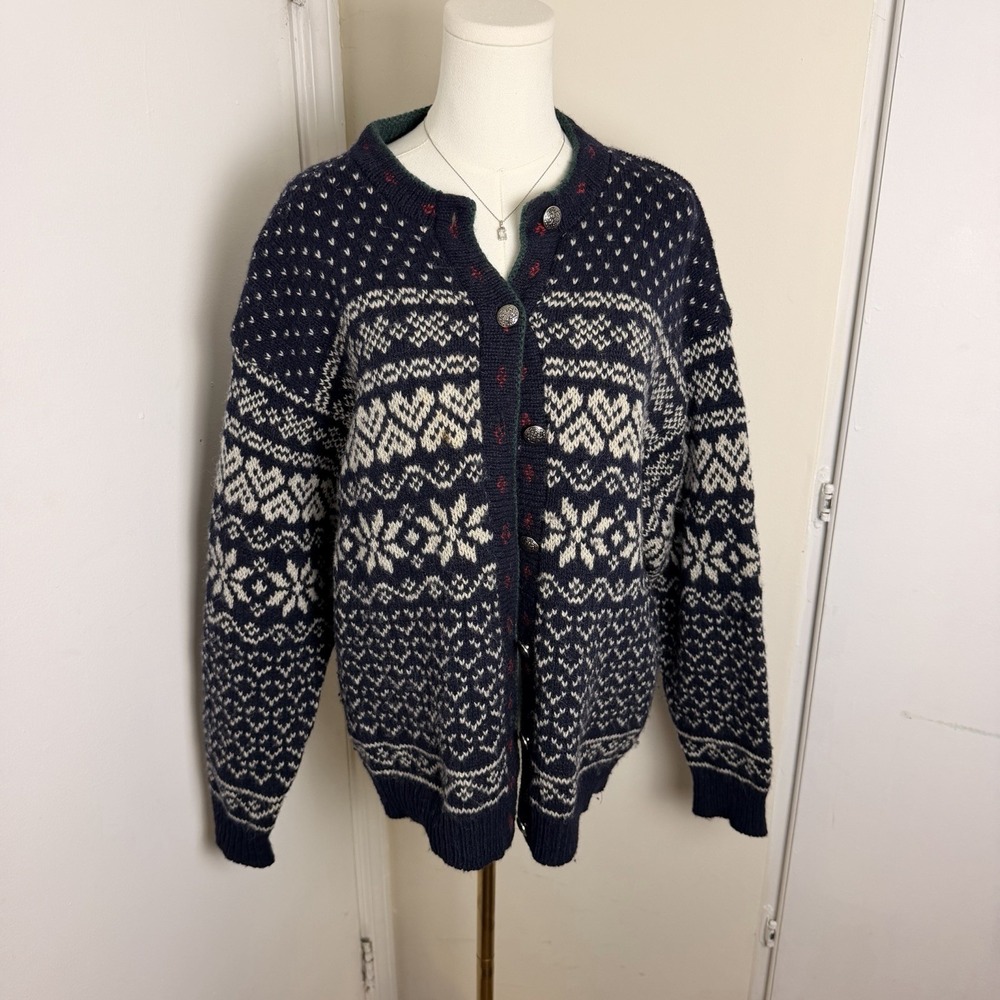 VTG Women's LL Bean Cardigan L Blue Wool Fair Isle Sweater With Button #16004